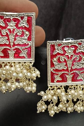 Red meenakari indo western earrings set