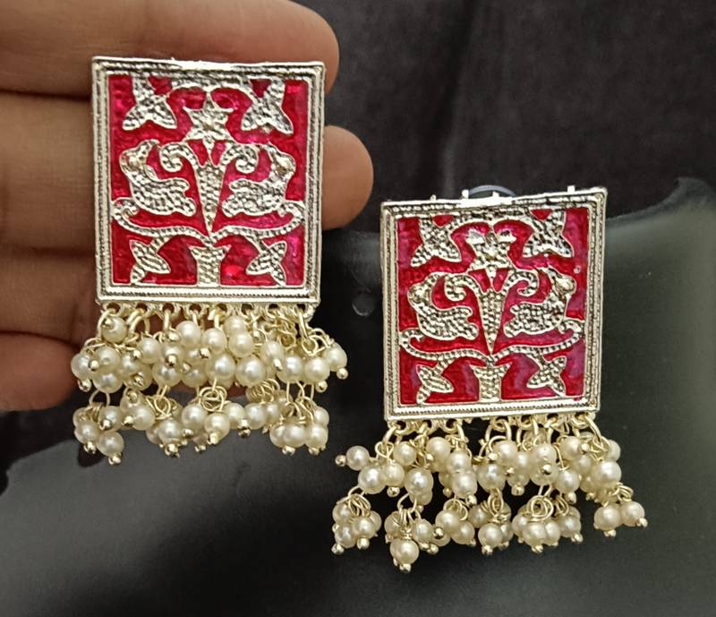 Red meenakari indo western earrings set