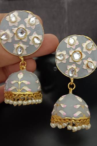 Grey pink meenakari jhumki earrings set