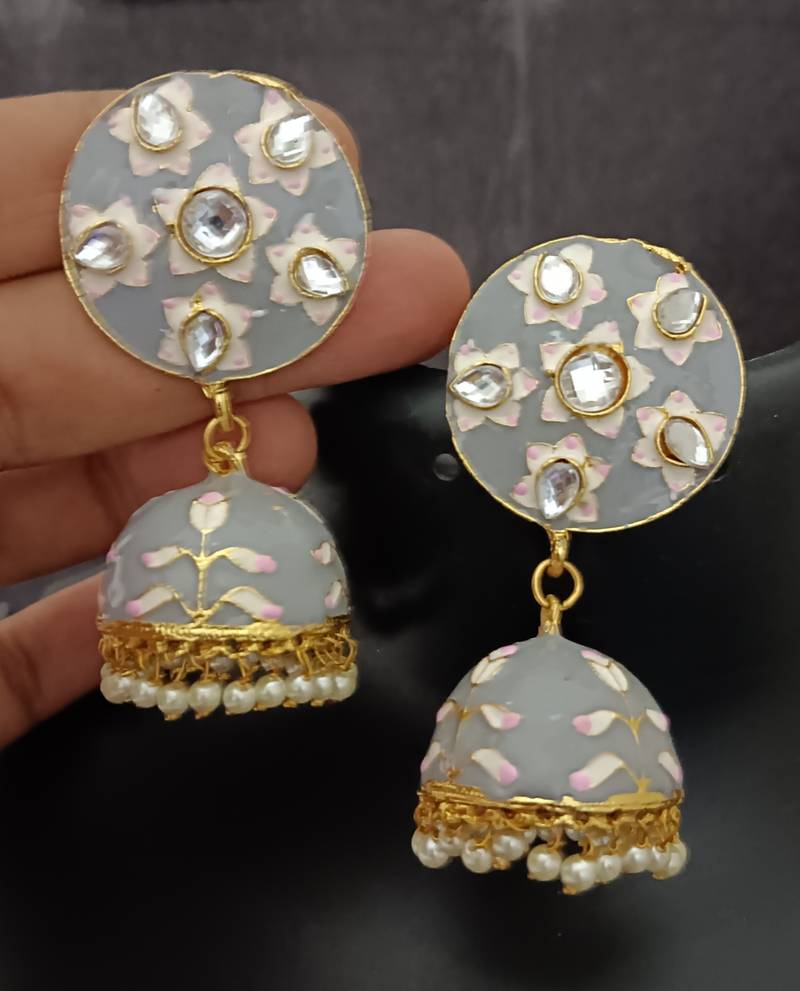 Grey pink meenakari jhumki earrings set