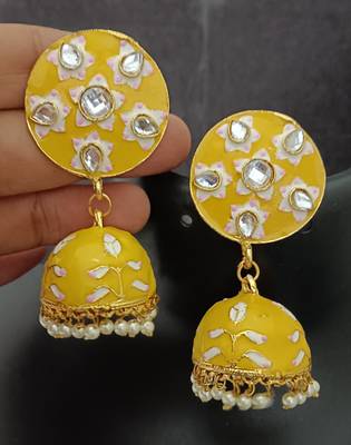 yellow pink meenakari jhumki earrings set  1