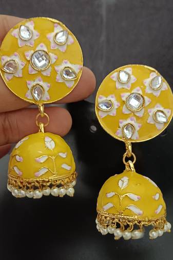 Yellow pink pink meenakari jhumki earrings set