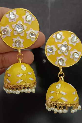 Yellow pink pink meenakari jhumki earrings set