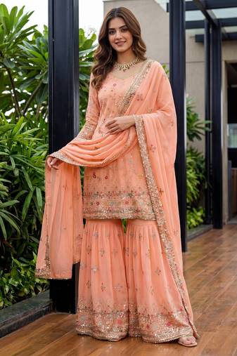 Fenta Faux Georgette Multi Thread Work Wedding Wear Sharara Set