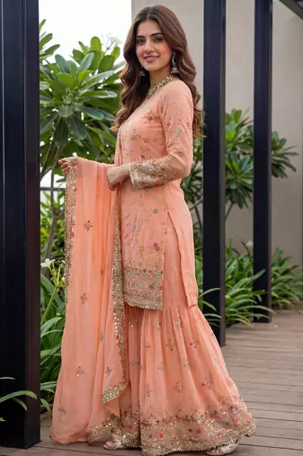 Fenta Faux Georgette Multi Thread Work Wedding Wear Sharara Set