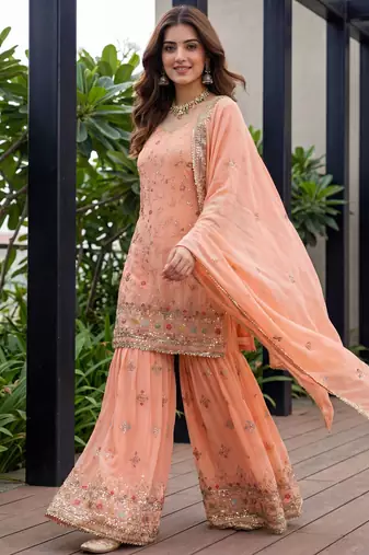 Fenta Faux Georgette Multi Thread Work Wedding Wear Sharara Set
