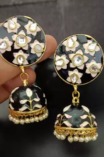 Black pink meenakari jhumki earrings set