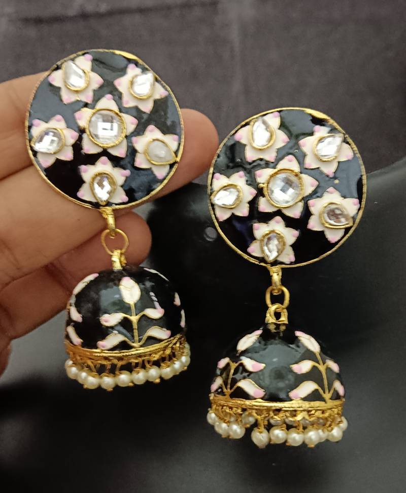 Black pink meenakari jhumki earrings set