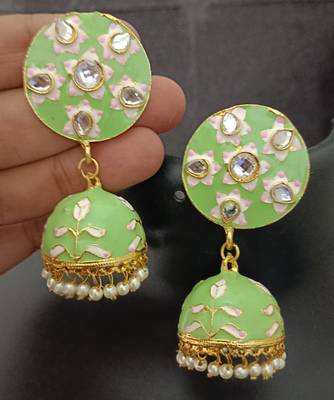 mint green pink meenakari jhumki earrings set  1