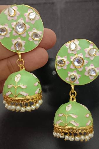 Mint green pink meenakari jhumki earrings set