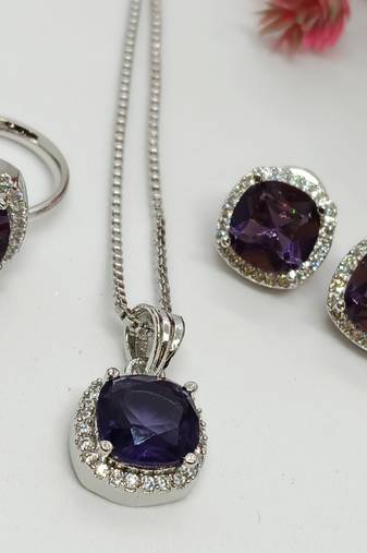 Amethyst purple pendant studs earrings adjustable ring chain set