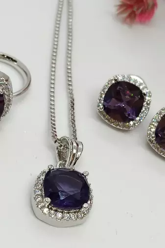 Amethyst purple pendant studs earrings adjustable ring chain set