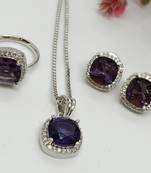 Amethyst purple pendant studs earrings adjustable ring chain set