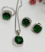 Emerald green pendant studs earrings adjustable ring chain set