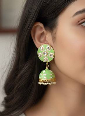 mint green pink meenakari jhumki earrings set  2