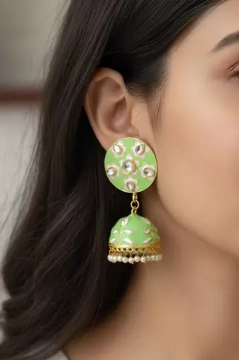 mint green pink meenakari jhumki earrings set 