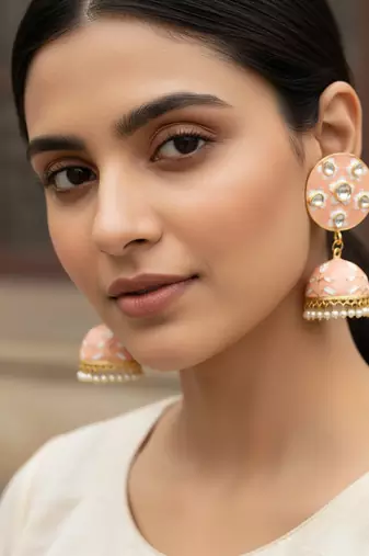 peech pink meenakari jhumki earrings set