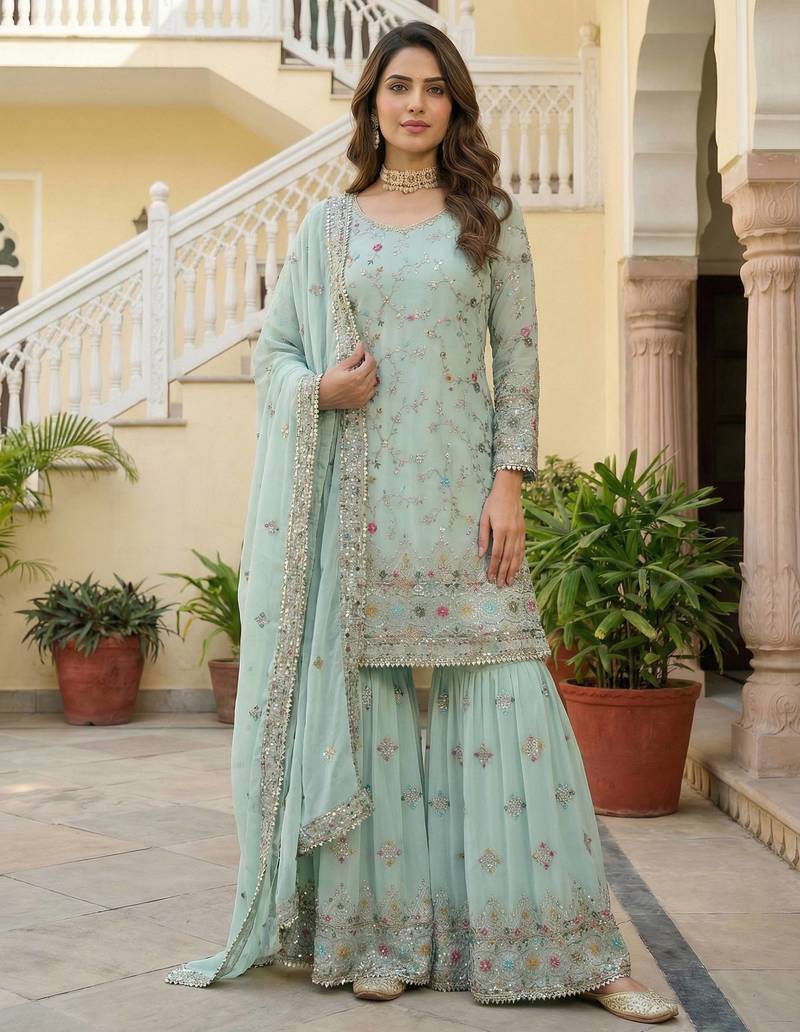 Sky Faux Georgette Multi Thread Work Wedding Wear Sharara Set