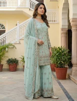 Sky Faux Georgette Multi Thread Work Wedding Wear Sharara Set 2