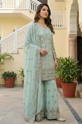 Sky Faux Georgette Multi Thread Work Wedding Wear Sharara Set