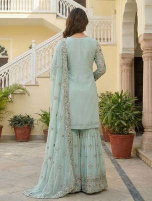 Sky Faux Georgette Multi Thread Work Wedding Wear Sharara Set 3