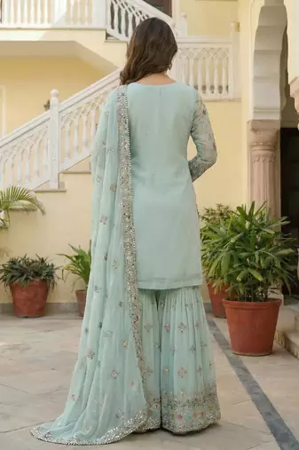 Sky Faux Georgette Multi Thread Work Wedding Wear Sharara Set
