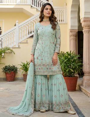 Sky Faux Georgette Multi Thread Work Wedding Wear Sharara Set 4