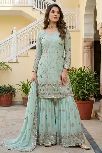 Sky Faux Georgette Multi Thread Work Wedding Wear Sharara Set