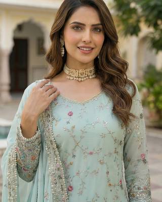 Sky Faux Georgette Multi Thread Work Wedding Wear Sharara Set 5