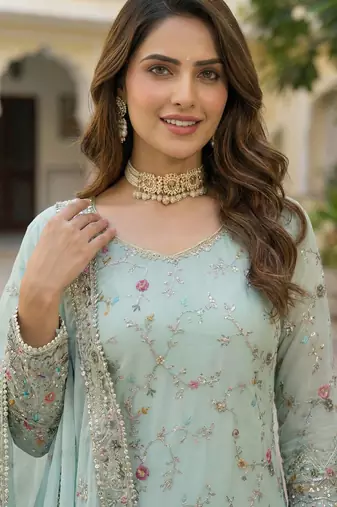 Sky Faux Georgette Multi Thread Work Wedding Wear Sharara Set