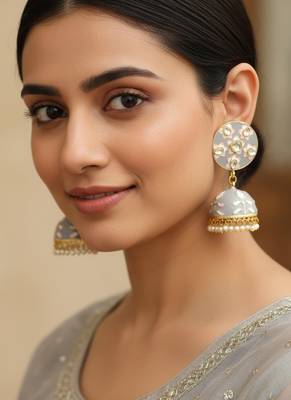 grey pink meenakari jhumki earrings set  2