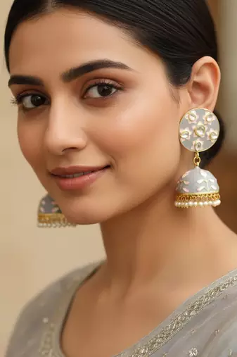 grey pink meenakari jhumki earrings set 