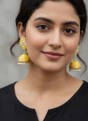 yellow pink meenakari jhumki earrings set  2