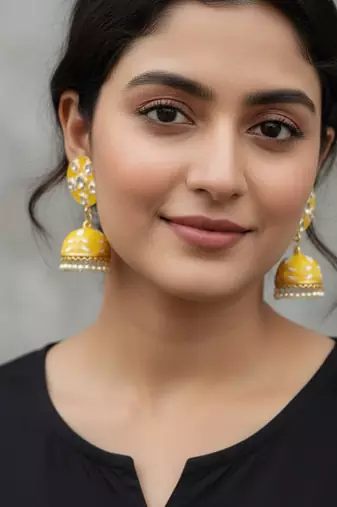 yellow pink meenakari jhumki earrings set 