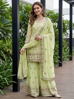 Pista Faux Georgette Multi Thread Work Wedding Wear Sharara Set 1