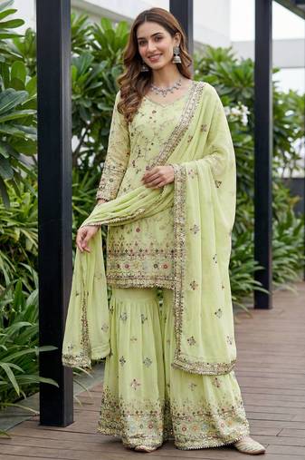 Pista Faux Georgette Multi Thread Work Wedding Wear Sharara Set