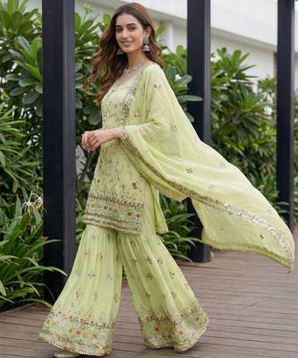 Pista Faux Georgette Multi Thread Work Wedding Wear Sharara Set 2