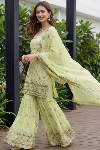 Pista Faux Georgette Multi Thread Work Wedding Wear Sharara Set
