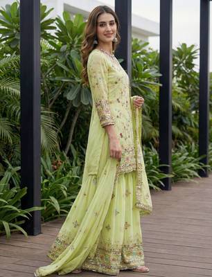 Pista Faux Georgette Multi Thread Work Wedding Wear Sharara Set 3