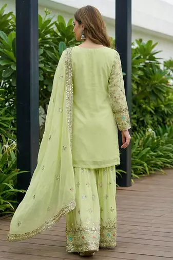 Pista Faux Georgette Multi Thread Work Wedding Wear Sharara Set