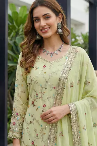 Pista Faux Georgette Multi Thread Work Wedding Wear Sharara Set