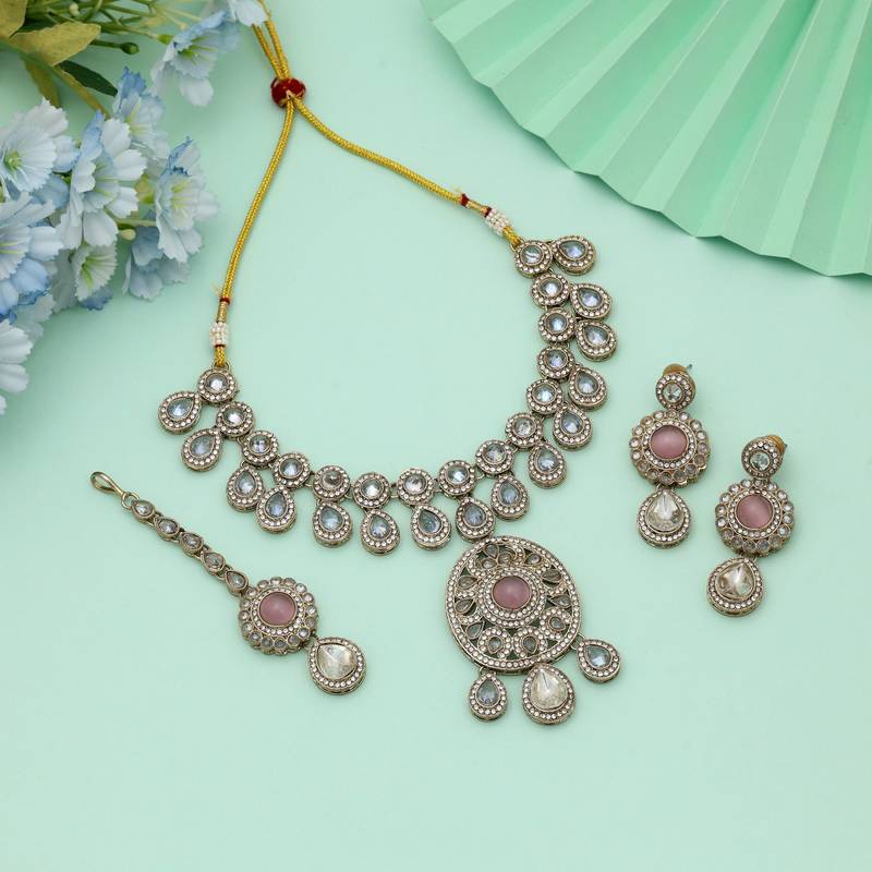 Pink Color Kundan Necklace Set Feminine Wedding Design