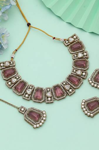 Magenta Color Kundan Necklace Set Festive Style