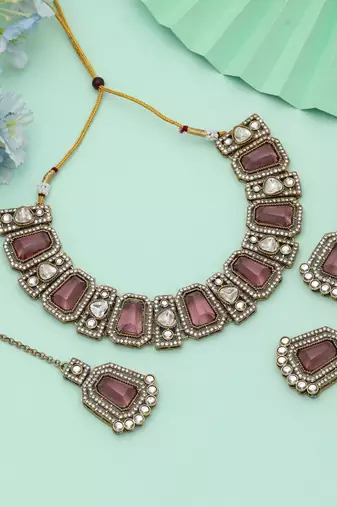 Magenta Color Kundan Necklace Set Festive Style