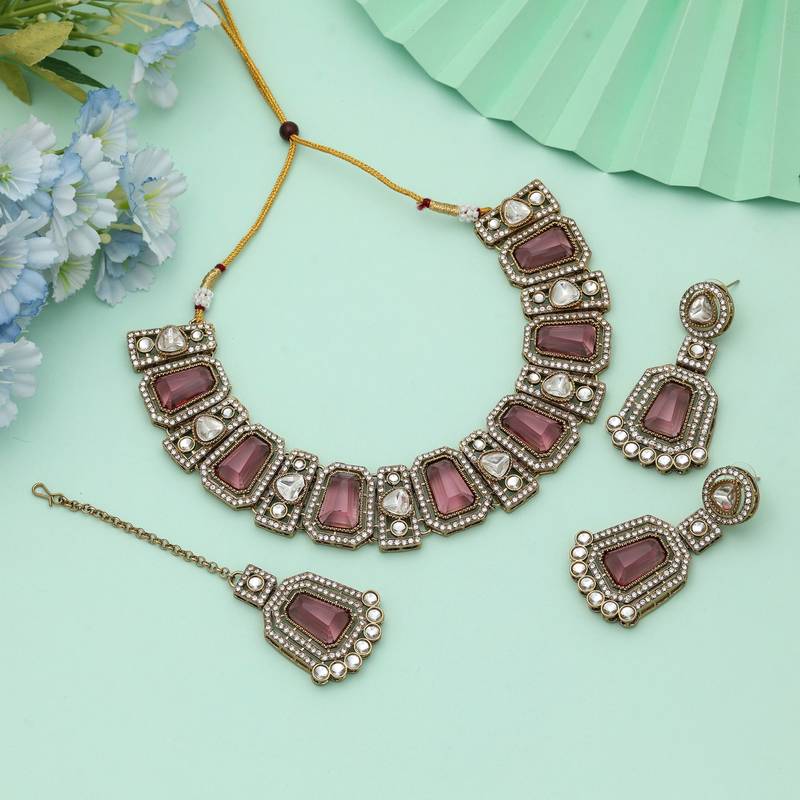 Magenta Color Kundan Necklace Set Festive Style