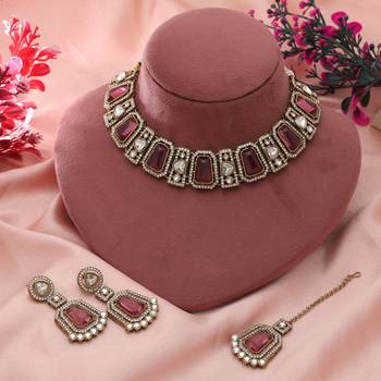 magenta kundan festive necklace set alloy 2