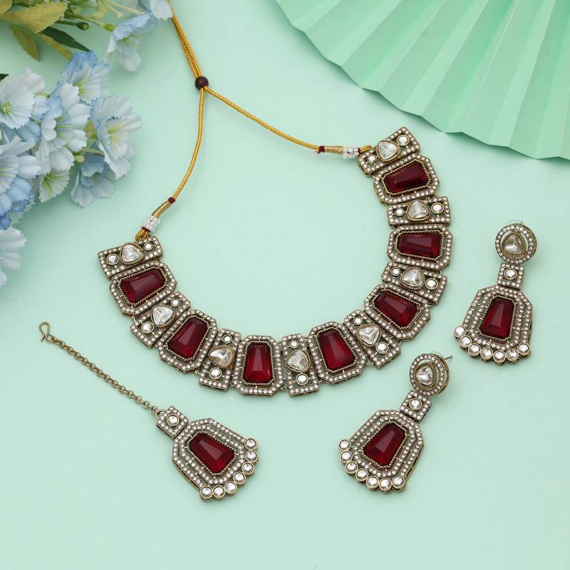 Maroon Color Kundan Necklace Set Bridal Style