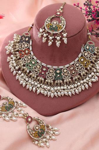 Multi Color Pakistani Kundan Necklace Set Designer Style