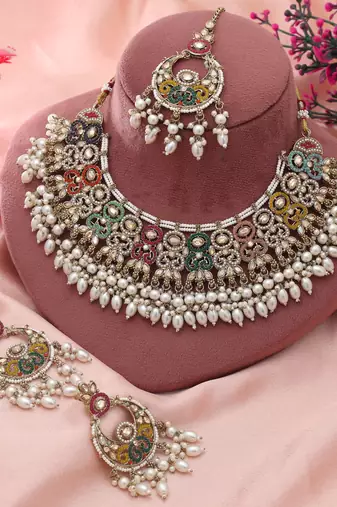 multicolor pakistani kundan necklace set bridal wear