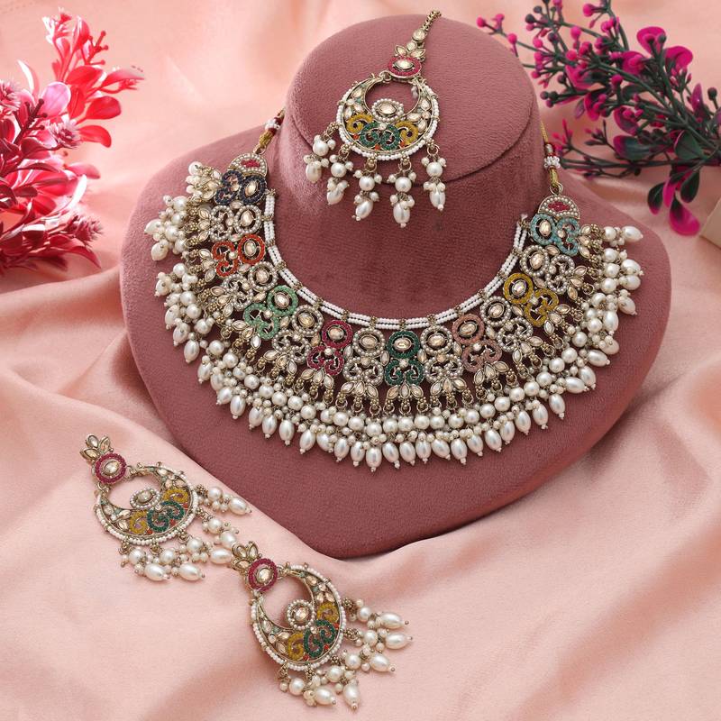 Multi Color Pakistani Kundan Necklace Set Designer Style